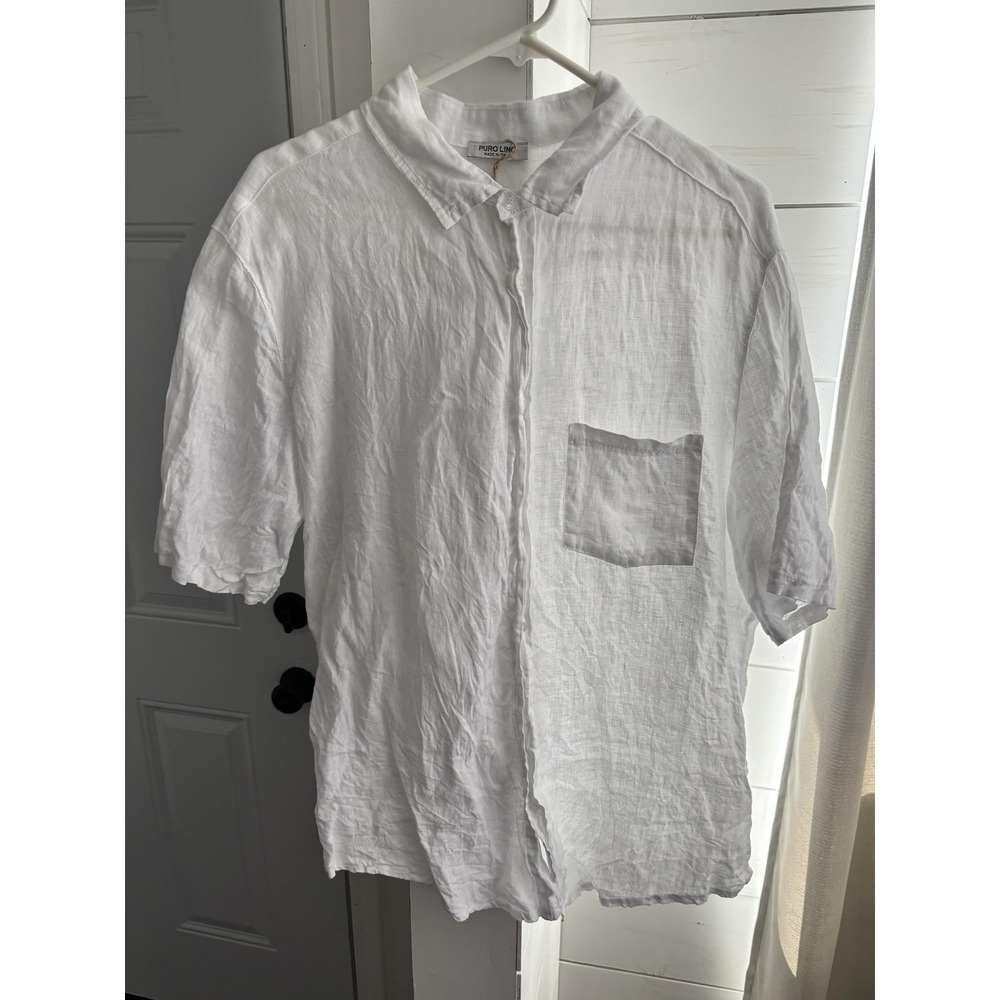 Puro Lino Shirt Mens XL White 100% Linen Short Sleeve Button Up Made Italy